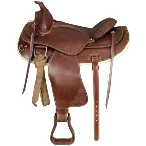 16", Marron: Selle Lakota modèle Prime Round Skirt en cuir graissé avec finition fleurie complète avec sangle