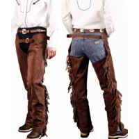 L, Marron: Chaps western en daim avec franges et fermeture éclair