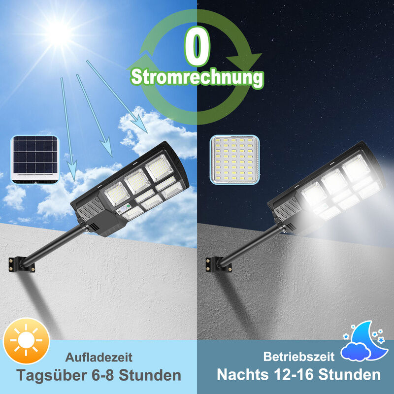 360W Farolas Solares Exterior LED con Placa Solar,Farolas Solares Exterior  6500k Luz Blanca Fria Farola Solar Impermeable IP67 con Control Remote