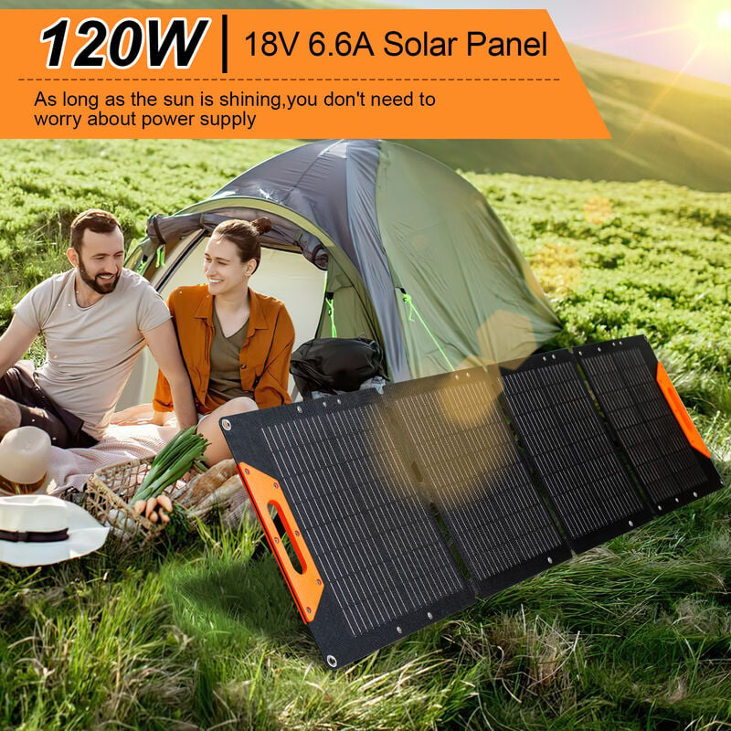 Panel solar plegable de 120 W, kit de panel solar portátil impermeable IP68  con salidas QC 3.0 y USB-C, soporte ajustable plegable cargador solar para