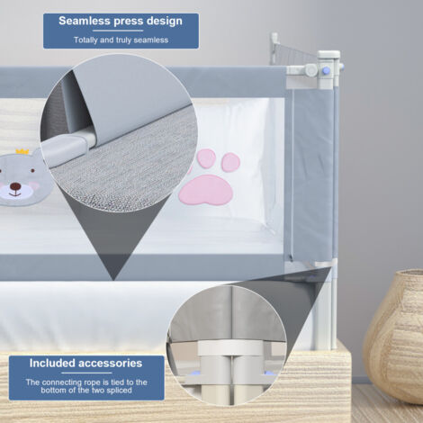 Sponda Letto Per Bambini Con Barriera A Scomparsa Verticale: Regolabile In Altezza, Doppia Chiusura Di Sicurezza E Tessuto Morbido, Grigia 180 Cm