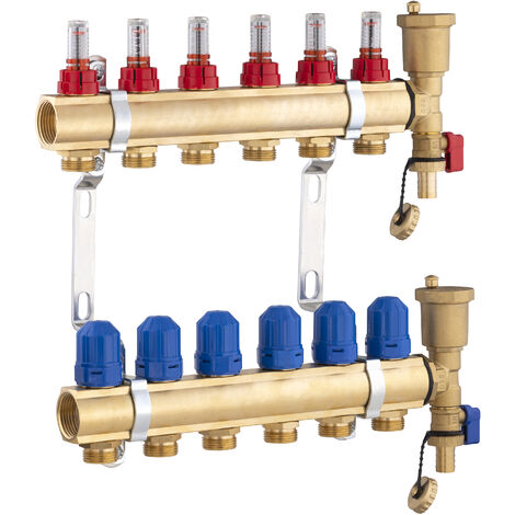 Noyon & Thiebault – Collecteur laiton pour plancher chauffant 6 boucles – 2 prises de vidange – Vannes thermostatisables M30x1.5 – Débimètres sur chaque départ