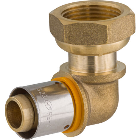 Noyon & Thiebault – Coude femelle écrou libre à sertir pour tube PER Ø20 – Raccord en laiton brut – Angle 90° – Pression max 6 bar – Norme NF - F20x27