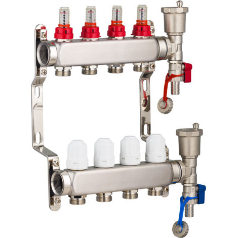 Nt Noyon & Thiebault – Collecteur inox pour plancher chauffant – 4 circuits – Vannes thermostatisables M30 x 1.5 – Débitmètres gradués pour réglage précis (1/4)