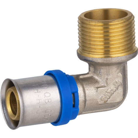 Noyon & Thiebault – Coude mâle à sertir pour tube multicouche Ø20 – Raccord coudé 90° – Filetage M20x27 (3/4) – Inox, laiton, HDPE, EPDM