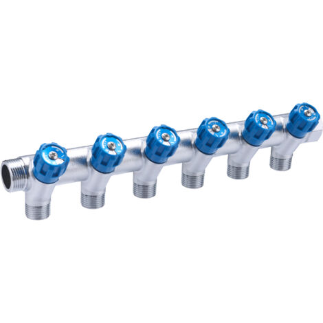 Noyon & Thiebault – Collecteur 6 départs avec robinets bleus – Raccords mâles 1/2 (M15x21) et 3/4 (MF20x27) – Design monobloc anti-fuite