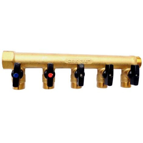 Noyon & Thiebault – Collecteur mâle/femelle monobloc 5 sorties – Entrée 20x27 et sorties 15x21 – Vannes intégrées pour contrôle débit – Entraxe 50 mm