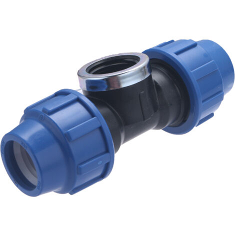 Noyon & Thiebault – Té femelle plastique pour tuyau polyéthylène Ø32 – Sortie centrale femelle 1' – Pression 16 bar – Démontable et réutilisable - F26x34