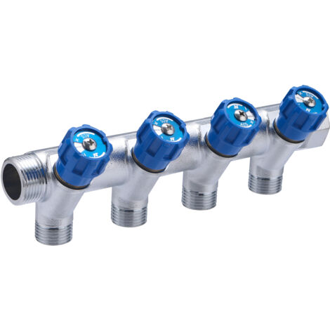 Noyon & Thiebault – Collecteur avec robinets bleus – 4 départs – Connexions mâle-femelle G3/4 MF20x27 – Sorties M15x21 pour installations hydrocâblées