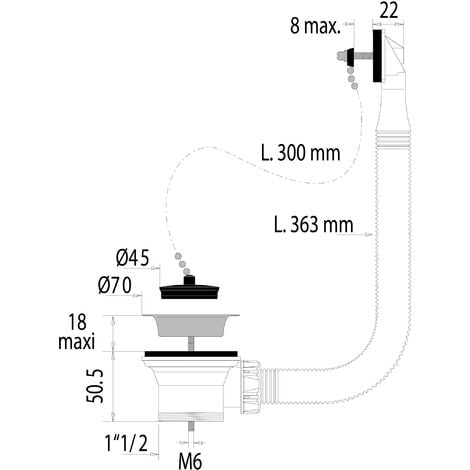 Bonde à bouchon pour évier 1 bac Ø50 mm (inox) sans trop-plein