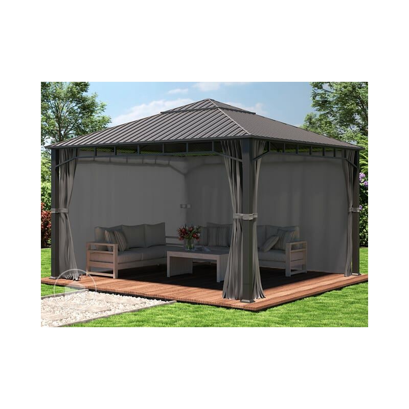 Tonnelle Jardin Toolport 3x4m Aspect Bois - Toit Acier, 4 Parois - Gris - Utilisable Toute L'Année