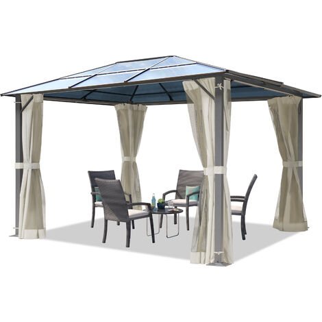 TOOLPORT Tonnelle de jardin 3x3,65 m panneaux de polycarbonate d'env. 6 mm avec parois latérales et moustiquaires en crème (1/5)