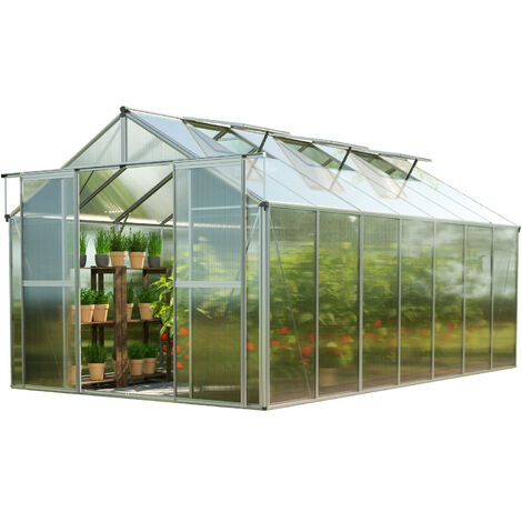 Serre de jardin polycarbonate 225x449 cm – Cadre aluminium – Panneaux double paroi 6 mm résistants aux intempéries – Porte coulissante