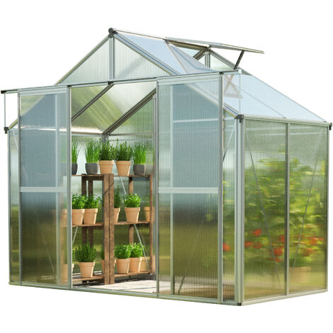 GFP Serre Topas 2 cadre aluminium 225x133 cm Plaques double paroi 6 mm avec cadre de fondation et ouvre-fenêtre automatique