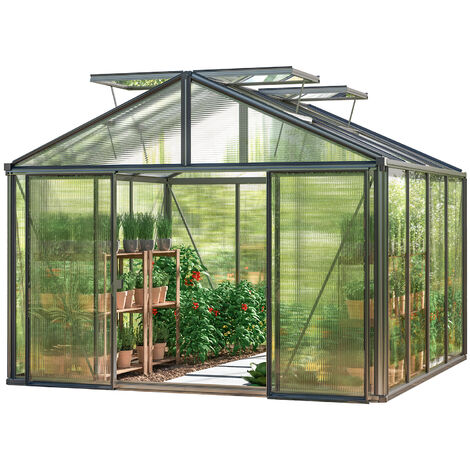 Serre de jardin polycarbonate 311x311 cm – Panneaux double paroi 16 mm – Cadre en aluminium résistant aux intempéries – Porte coulissante intégrée