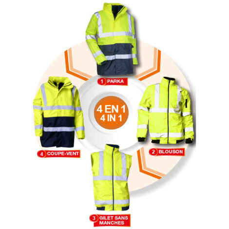 LMA – Parka 4 en 1 haute visibilité jaune fluo/marine – Imperméable et coupe-vent – Capuche intégrée – Bandes rétroréfléchissantes 5 cm – Taille 2XL