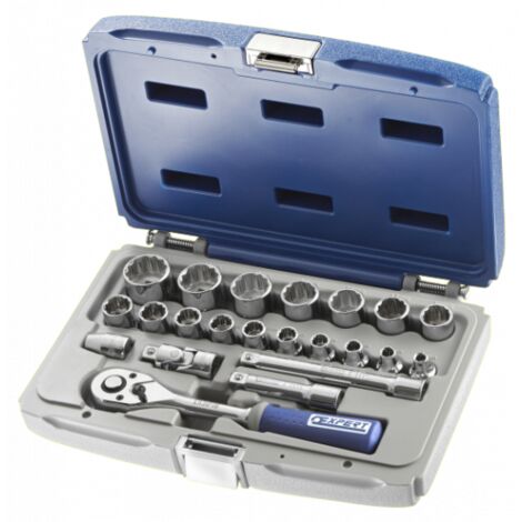 Expert – Coffret de douilles 3/8' 22 pièces – Douilles 12 pans 6-24 mm – 1 cliquet 3/8' – 2 rallonges 75/125 mm – Compatible servante (1/6)