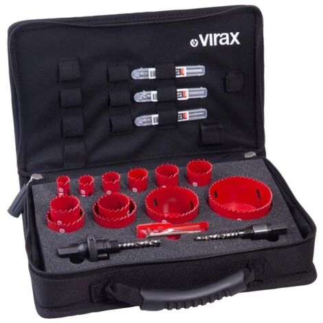 Virax – Coffret de 12 scies cloches Ø 16-76mm pour bois et placoplâtre – 2 arbres porte-scies et forets inclus – 220906 (1/2)