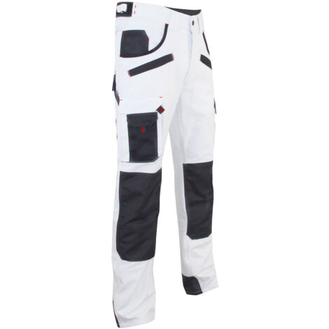 LMA – Pantalon Aerosol blanc et gris nuit T.46 – Ceinture élastiquée – Poches genouillères et à outils – 60% coton, 40% polyester