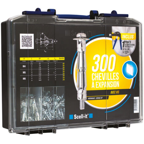Scell-It – Coffret de 275 chevilles métalliques à expansion COF002SP – 50 vis M4x24, 50 vis M4x35, 25 vis M4x46, 25 vis M5x37 – Pour béton armé
