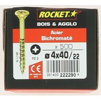 Rocket – Vis autoperceuse 4x40 tête fraisée étoile acier bichromaté – Filetage partiel pour bois dur – Vissage rapide et précis – Bte de 500