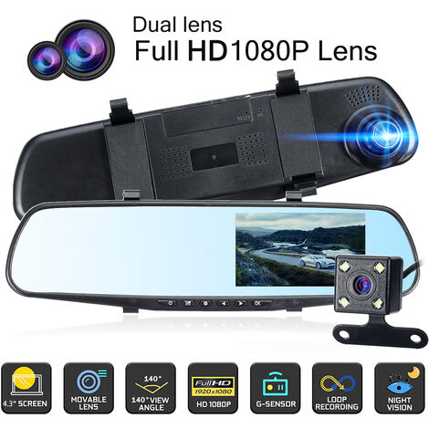4.3 Inch HD 1080P Car DVR Dash Cam Front and Rear Mirror Camera Video Recorder