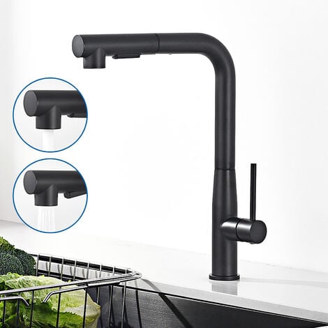Auralum Robinet de Cuisine Noir avec Douchette Extractible, Mitigeur Cuisine 7-Forme en Inox, Rotatif à 360°, 2 Fonctions Jet, Barboteur démontable