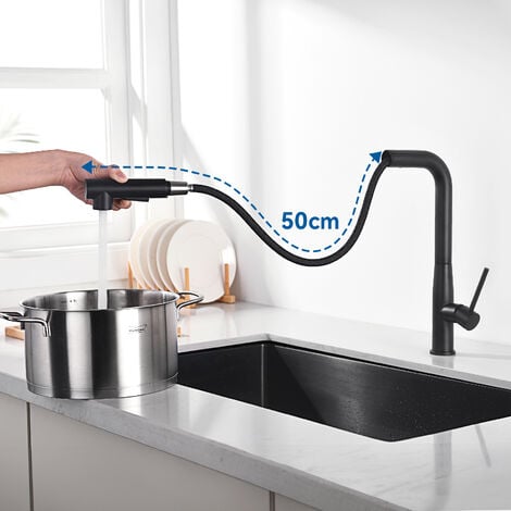 Auralum Robinet de Cuisine Noir avec Douchette Extractible, Mitigeur Cuisine 7-Forme en Inox, Rotatif à 360°, 2 Fonctions Jet, Barboteur démontable