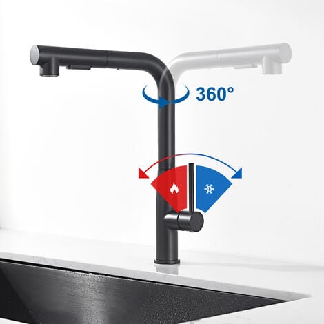 Auralum Robinet de Cuisine Noir avec Douchette Extractible, Mitigeur Cuisine 7-Forme en Inox, Rotatif à 360°, 2 Fonctions Jet, Barboteur démontable