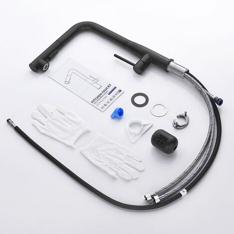 Auralum Robinet de Cuisine Noir avec Douchette Extractible, Mitigeur Cuisine 7-Forme en Inox, Rotatif à 360°, 2 Fonctions Jet, Barboteur démontable