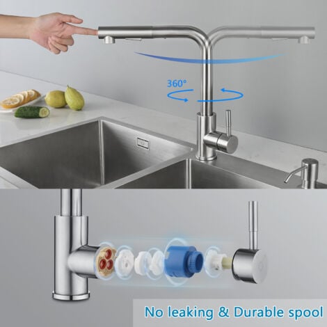 CECIPA Mitigeur Cuisine avec Douchette Extractible Robinet Cuisine 360 Rotatif avec 2 Jets aux Choix Robinetterie en Acier Brossé Haute Qualité