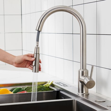 Cecipa Grifo Mezclador de Cocina Extraíble en Forma de U Grifo de Cocina de Acero Inoxidable Cepillado con Grifo Mezclador de Fregadero con Rociador Extraíble 2 Modos de Salida de Agua