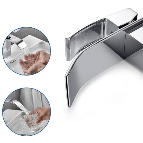 CECIPA Cascada Grifo para Lavabo de Baño, Monomando Grifo de Cuenca Mezclador Agua Fria y Caliente, Latón Cromado