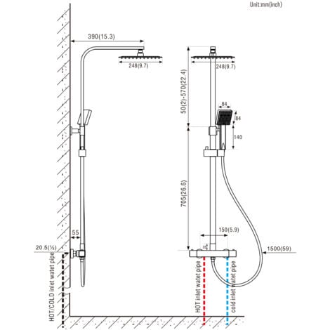 Auralum Colonne de Douche Thermostatique Chromé 2 Fonctions Ensemble de Douche avec Douchette de tête ultra-mince de 10 pouces, Haute Réglable pour Salle de Bain