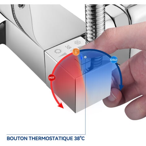 Colonne de Douche avec Mitigeur thermostatique, Haute Réglable 98-129 cm, Ensemble de Douche en Acier Inox, Pomme haute 30x20 cm