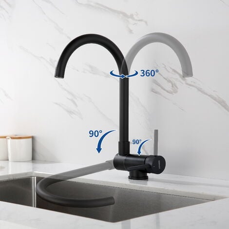 Lonheo Mitigeur Cuisine Rabattable Noir Pivotant à 360°, Robinet de Cuisine avec Poignée Pliable Contre Fenêtre, Robinet Mitigeur Evier Acier Inox Eau Chaude et Froide pour Cuisine