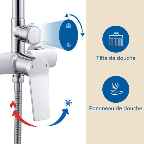 Auralum Colonne de Douche avec Mitigeur Douche Monocommande, Ensemble de Douche Réglable en Hauteur, Mitigeur Mécanique Système de Douche avec Tête de Douche et Douchette, Chromé
