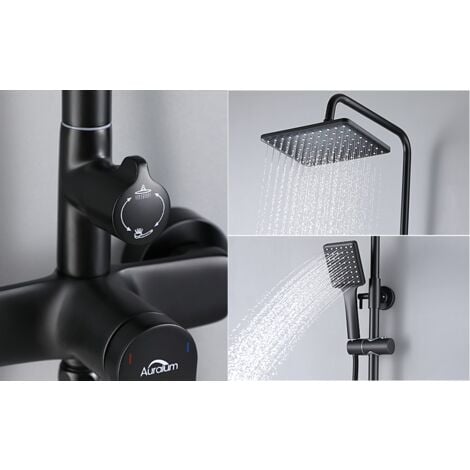 Colonne de douche AURALUM - Noir - Ensemble de douche avec douche de tête 26x19cm - Douchette à main Carré - Colonne Douche en Laiton - Hauteur Réglable 90-120 cm pour Salle de Bain