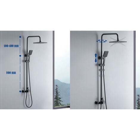 Colonne de douche AURALUM - Noir - Ensemble de douche avec douche de tête 26x19cm - Douchette à main Carré - Colonne Douche en Laiton - Hauteur Réglable 90-120 cm pour Salle de Bain