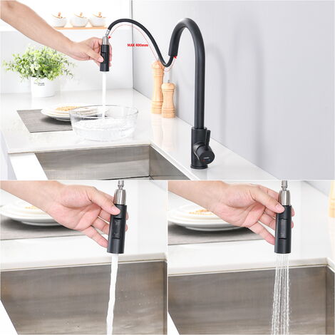 Robinet de Cuisine LONHEO - Noir mat - Douchette Extractible - Rotatif à 360 ° - Acier Inoxydable - Mitigeur d'Évier - 2 Fonctions Mélangeur