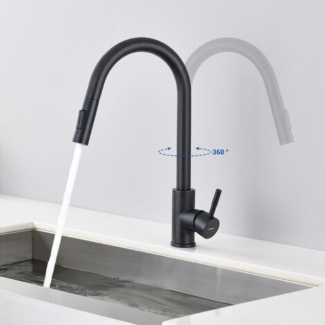 Robinet de Cuisine LONHEO - Noir mat - Douchette Extractible - Rotatif à 360 ° - Acier Inoxydable - Mitigeur d'Évier - 2 Fonctions Mélangeur