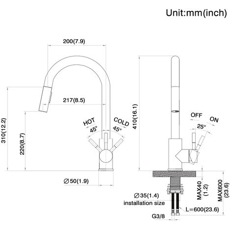 Robinet de Cuisine LONHEO - Noir mat - Douchette Extractible - Rotatif à 360 ° - Acier Inoxydable - Mitigeur d'Évier - 2 Fonctions Mélangeur