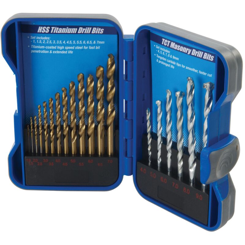 Forets acier hss 1 à 7 et forets maçonnerie 4 à 9 - coffret 19 meches
