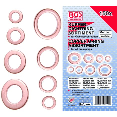 Assortiment bgs de bagues, rondelles, 150 joints d'etancheite cuivre