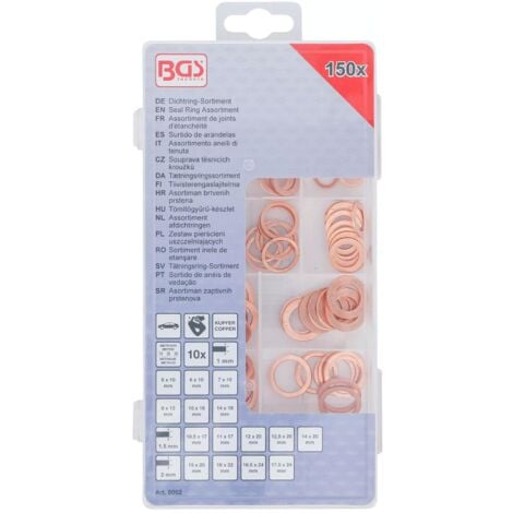Assortiment bgs de bagues, rondelles, 150 joints d'etancheite cuivre