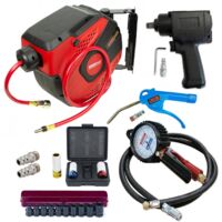 Oc-Pro – Kit pneumatique 19 pièces – Pistolet de gonflage avec manomètre – Clé à chocs 520Nm – Enrouleur d'air comprimé 10m – Douilles 11-24mm - 19pcs
