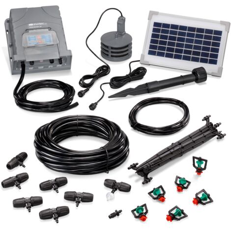 Esotec – Kit d'arrosage goutte à goutte solaire avec 6 arroseurs rotatifs – Panneau solaire 12V – Durée d'arrosage réglable 0,5 à 8 min – 101121