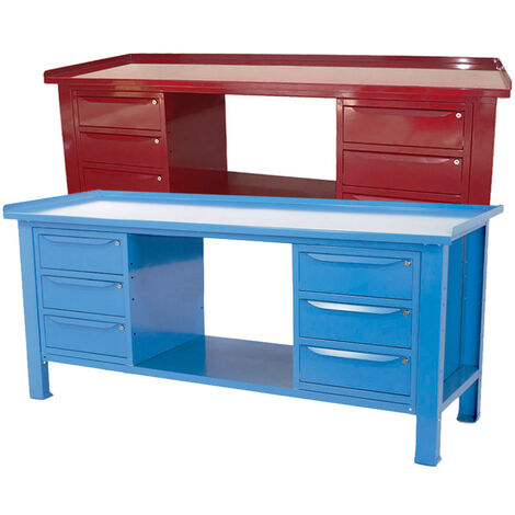 Banco da lavoro SOGI 2 m con piano in acciaio portata 1000 kg + 2 armadi a 3 cassetti - blu/rosso, ColoreRosso