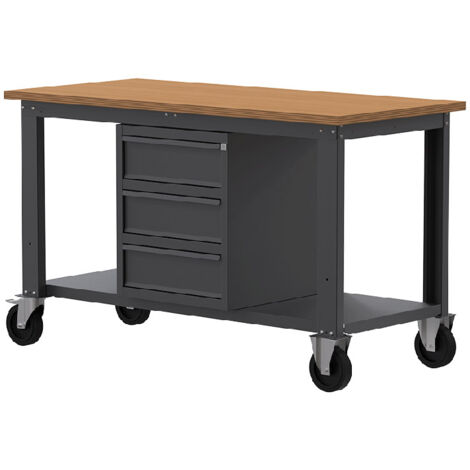 Banco da lavoro con ruote SOGI X3N102LR - 1.5 m - piano in legno - 3 cassetti - grigio antracite (1/4)