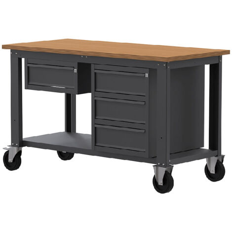 Banco lavoro con ruote SOGI X3N106LR- 1.5 m - piano in legno - 1 + 3 cassetti - grigio antracite (1/4)